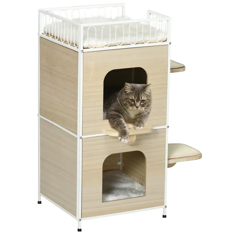 EASYCOMFORT Casetta per Gatti a 3 Piani con Tiragraffi e Superficie Recintata, 40x40x84 cm, Color Legno e Bianco