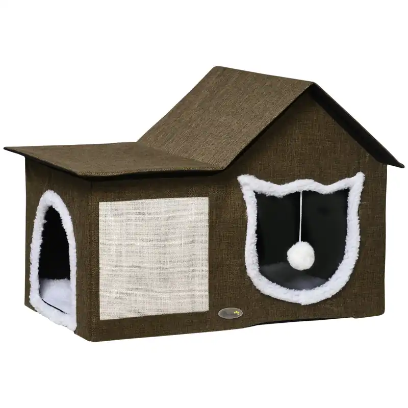 EASYCOMFORT Casetta per Gatti con 2 Porte, Pallina da Gioco, Cuscino e Tappetino Tiragraffi, 65x41x45.5 cm