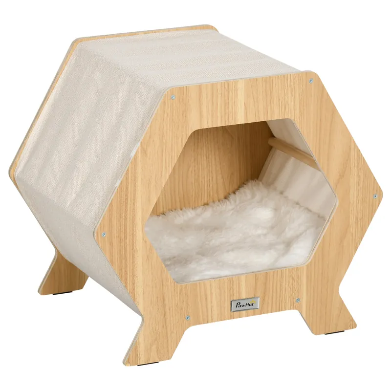 EASYCOMFORT Cuccia per Gatti in Legno e Tessuto con Cuscino in Peluche Lavabile, 49.5x38.5x43.5cm