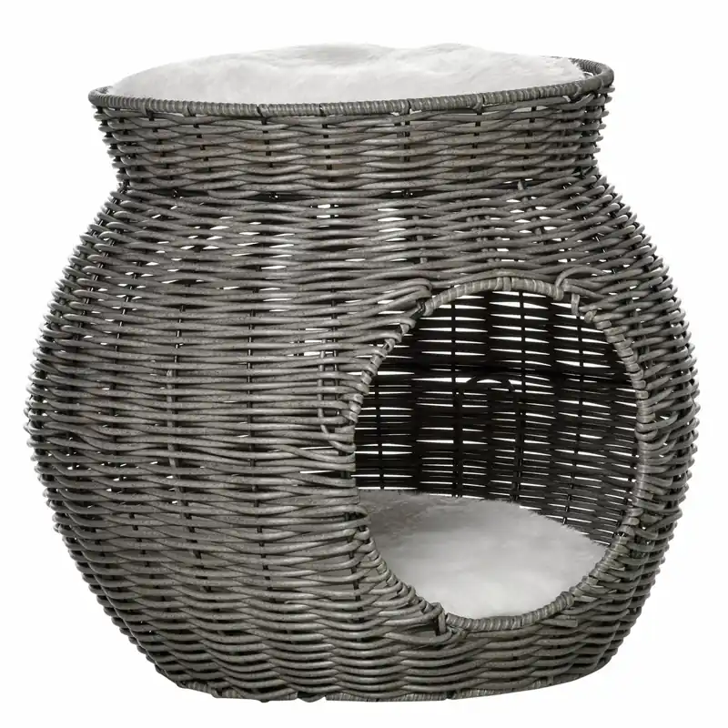 EASYCOMFORT Cesta per Gatti a 2 Livelli in Rattan PE con Cuscini Lavabili in Peluche, Φ50x43.5cm
