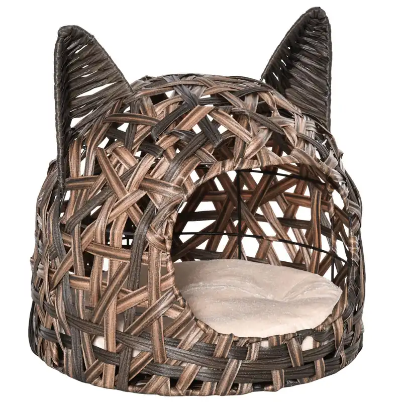 EASYCOMFORT Cuccia per Gatti, Cesta per Gatti Adulti fino 4.5kg, Cesta in Vimini Sintetico a Forma di Gatto, Marrone
