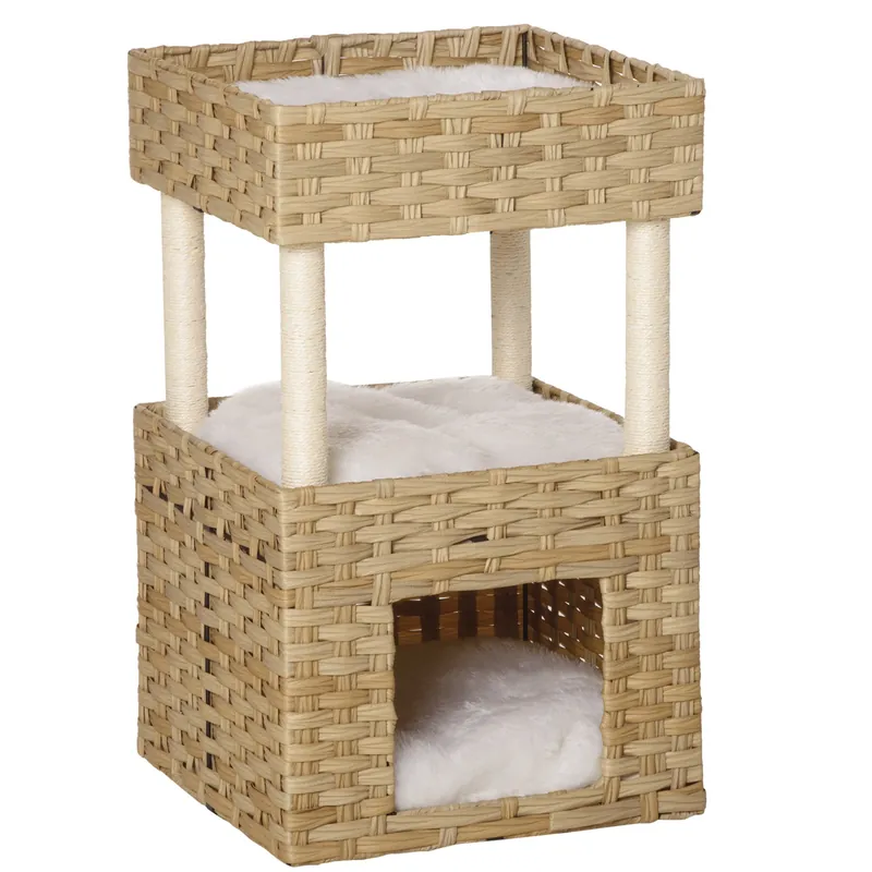 EASYCOMFORT Casetta per Gatti a 3 Livelli in Rattan PE con Cuscini Lavabili in Peluche, 40x40x70cm
