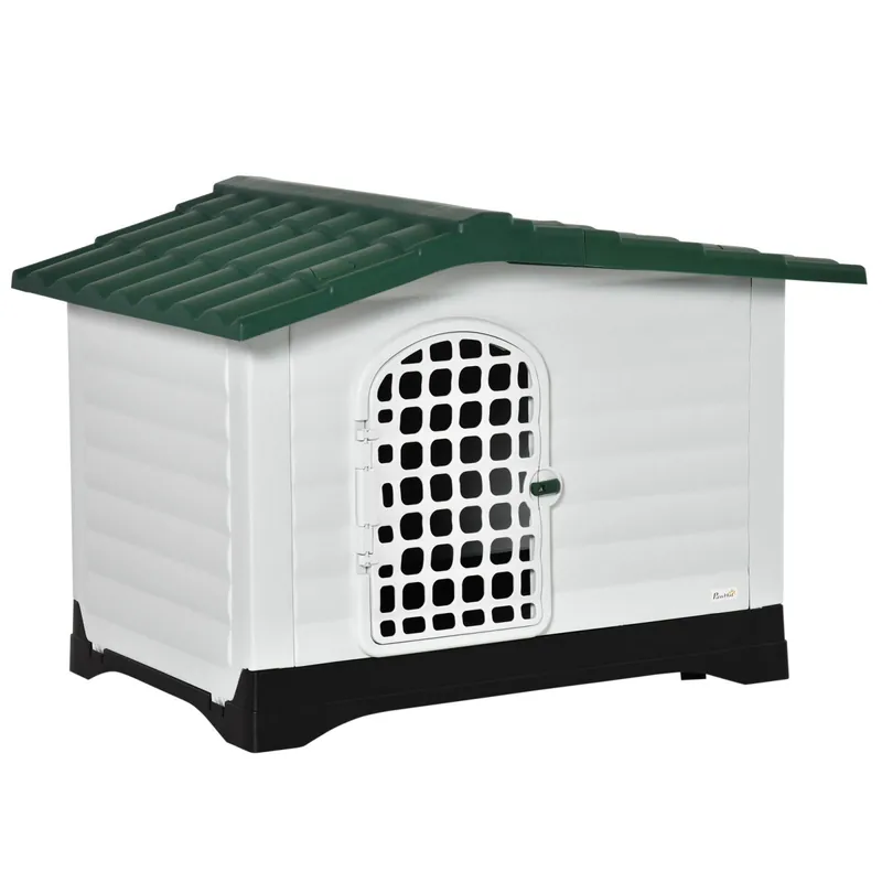 EASYCOMFORT Cuccia per Cani da Esterno in Plastica con Cancello e Finestra, 111x84x80cm, Bianco Verde
