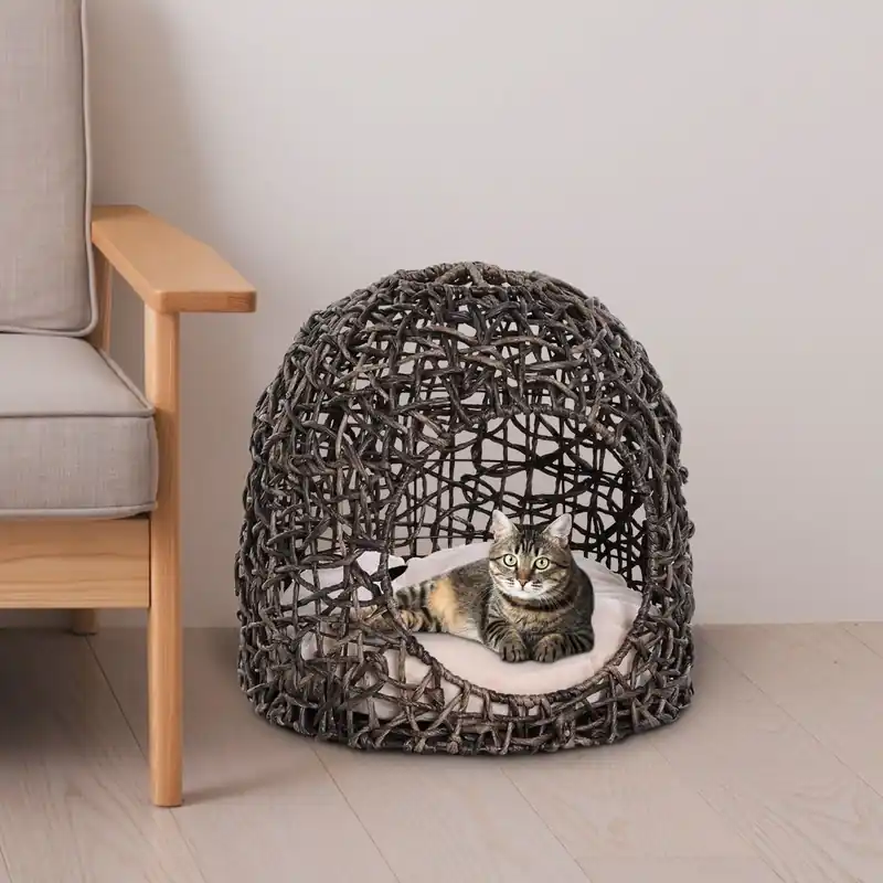 EASYCOMFORT Letto per gatti in Vimini Marrone con Cuscino ?49 x 46 cm