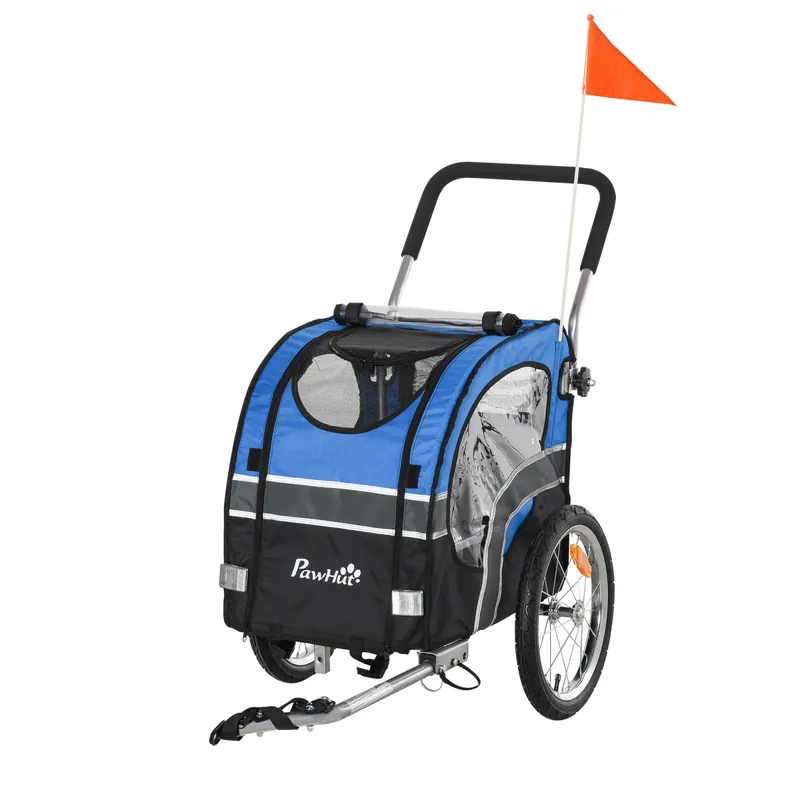 EASYCOMFORT Passeggino 2 in 1 per Cani e Rimorchio Bici, Ruote Catarifrangenti e Bandierina Blu