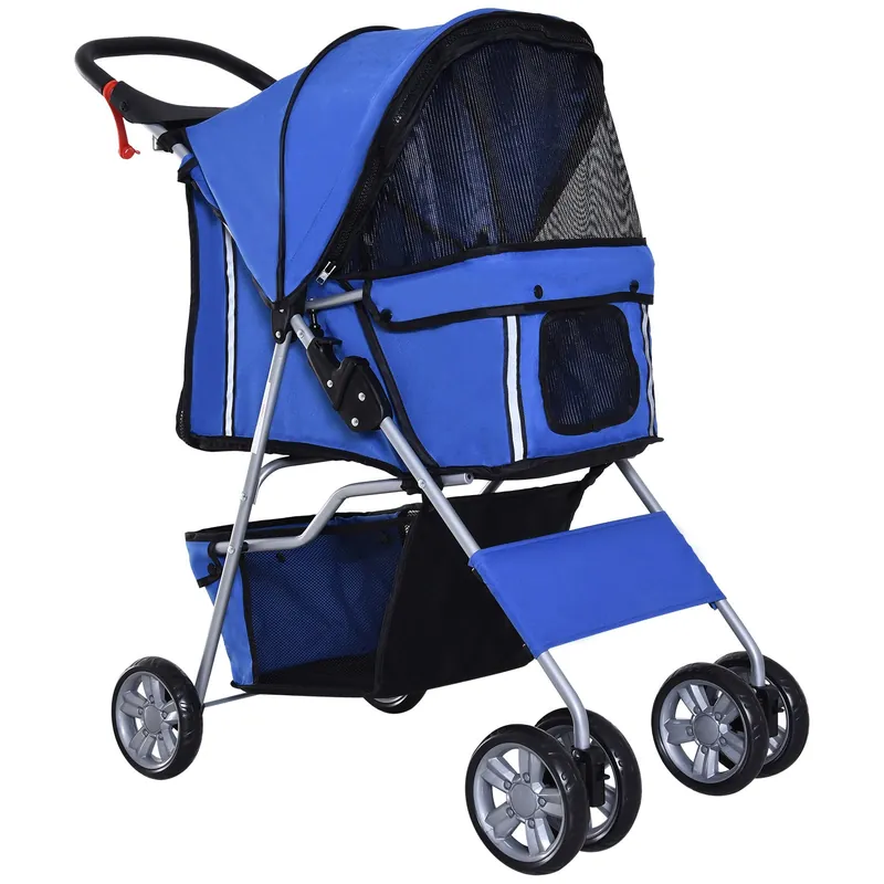 Easycomfort Passeggino per Cani Pieghevole in Tessuto con Cestino e Portabicchieri, 75x45x97 cm, Blu