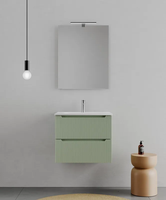 Consolle Bagno Legnox Rigo 60 cm Verde con 2 Cassetti, Lavabo, Specchio e Lampada