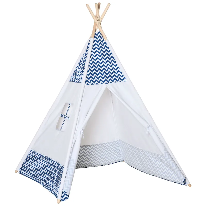 EASYCOMFORT Tenda Indiana per Bambini Teepee in Tessuto e Legno con Finestra, Età 3-6 Anni, 120x120x155cm, Bianco e Blu
