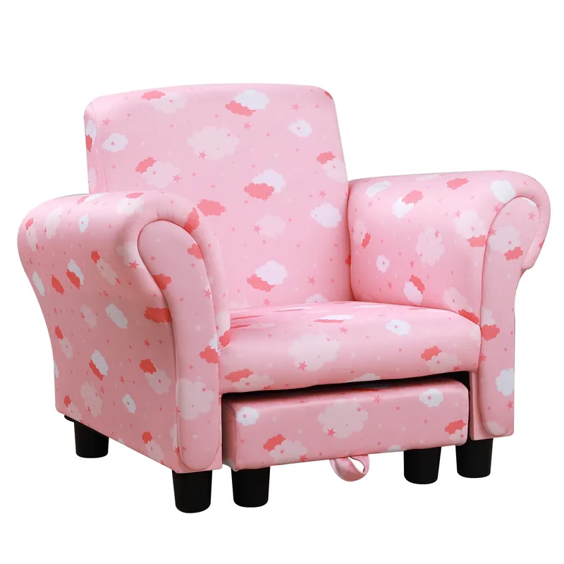 EASYCOMFORT Poltroncina per Bambini con Poggiapiedi Estraibile, Struttura in Legno con Imbottitura, 57x42x45cm, Rosa e Bianco
