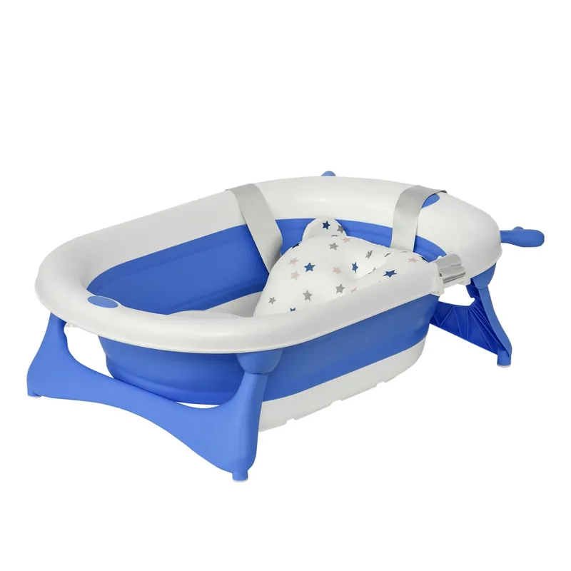 Easycomfort Vaschetta Bagnetto Pieghevole per Bambini 0-3 Anni con Indicatore di Temperatura e Cuscino, 81.5x50.5x23.5 cm, Blu