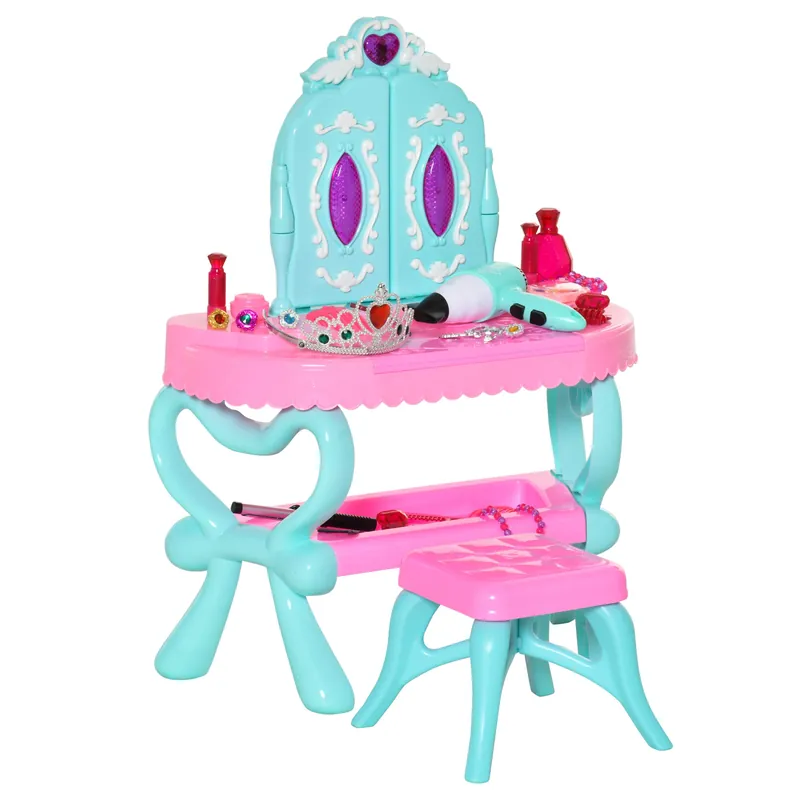 EASYCOMFORT Set 2 in 1 da 32pz per Bambine 3-6 Anni, Tavolo per Trucco con Accessori e Pianoforte, 49.5x23x66 cm, Blu e Rosa