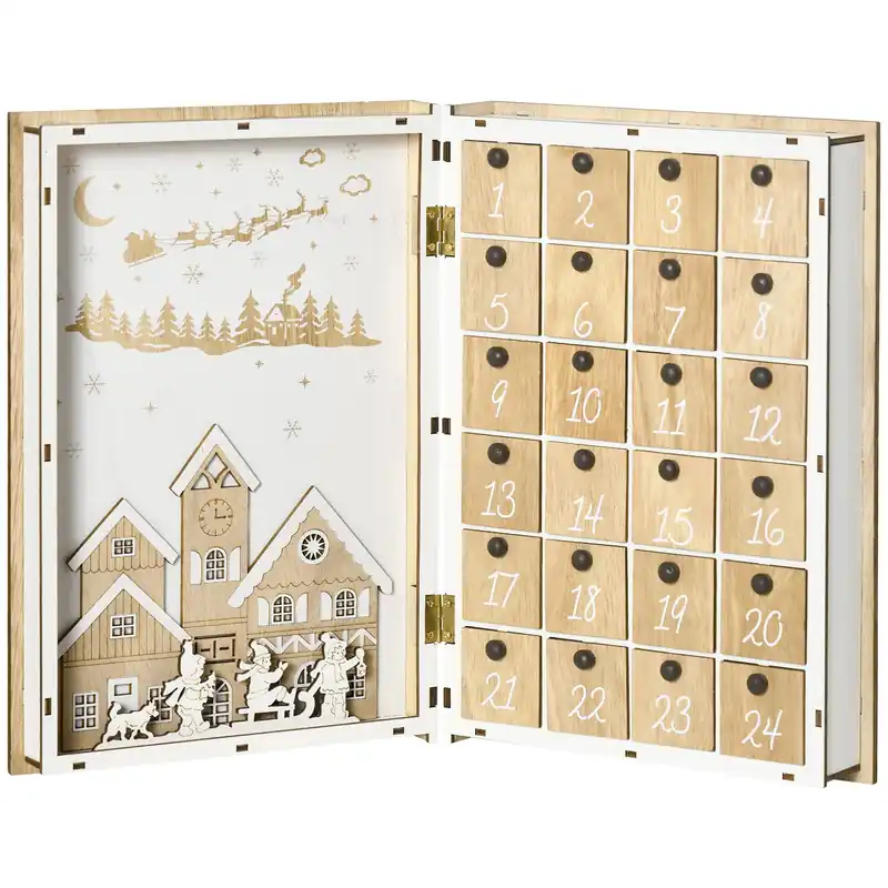 Easycomfort Calendario Avvento di Natale in Legno a forma di Libro con Temi natalizi, 22x7x32 cm, Bianco e color Legno