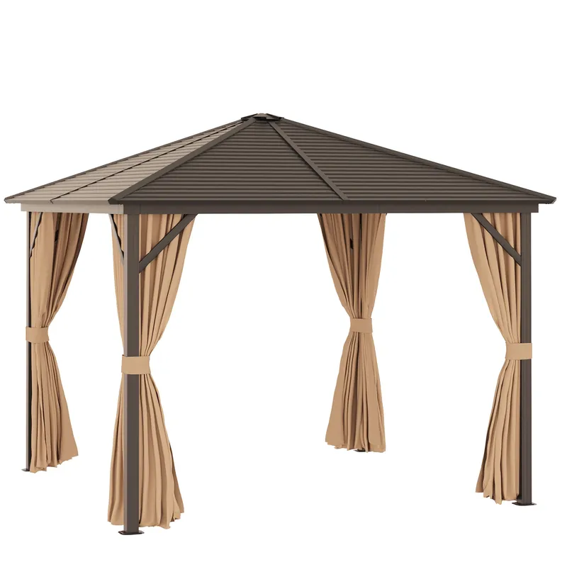EASYCOMFORT Gazebo da Giardino 3x3m in Alluminio con Zanzariera, Tende Laterali e Tetto Rigido, Marrone