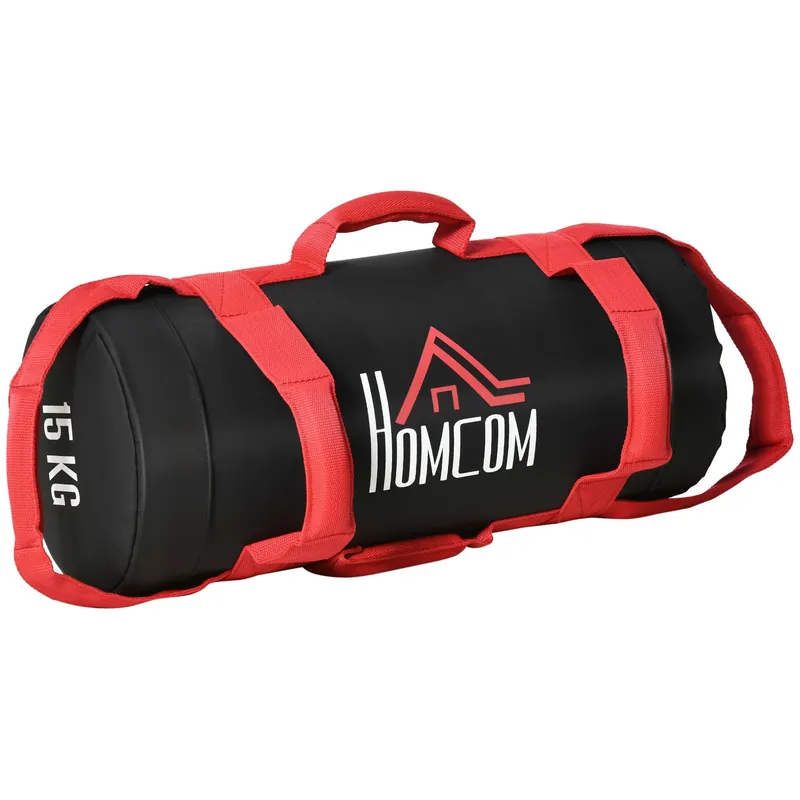 EASYCOMFORT Sacca Bulgara da 15kg con 6 Cinghie per Allenamento Fitness in Casa, Ufficio e Palestra, Ø22x55 cm, Nero e Rosso
