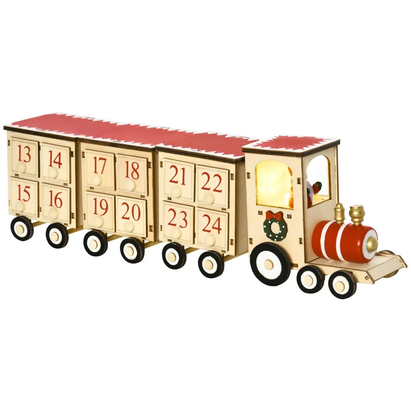 Easycomfort Calendario Avvento di Natale a forma di Treno con Babbo Natale e Luce LED Inclusa, in Compensato, 40x8x11 cm