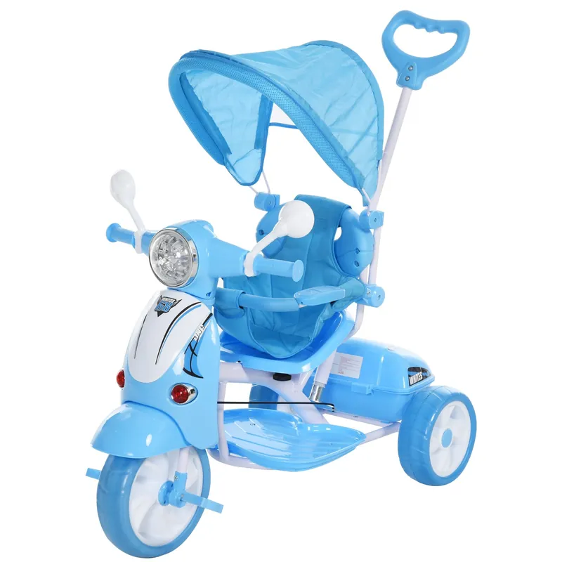 EASYCOMFORT Triciclo Passeggino Azzurro a Forma di Moto per Bambini 18-72 mesi con Tettuccio Rimovibile