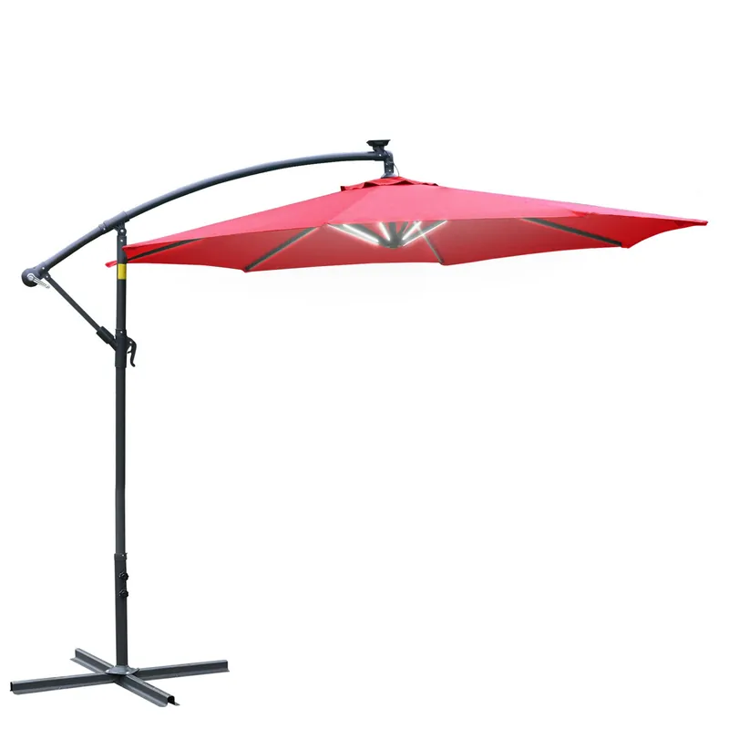 Easycomfort Ombrellone da Giardino a Braccio Ø3x2.4 m con Manovella e 8 Strisce LED a Energia Solare, Rosso scuro