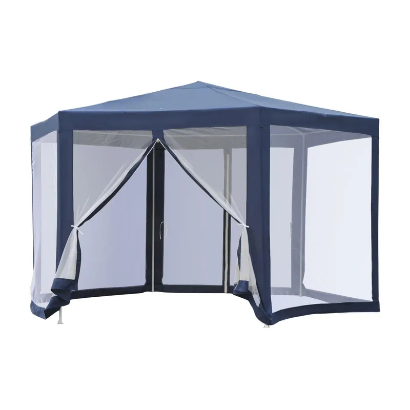 EASYCOMFORT Gazebo Esagonale da giardino Struttura in Ferro con 6 Zanzariere, Blu\\/Bianco,195x250x197cm