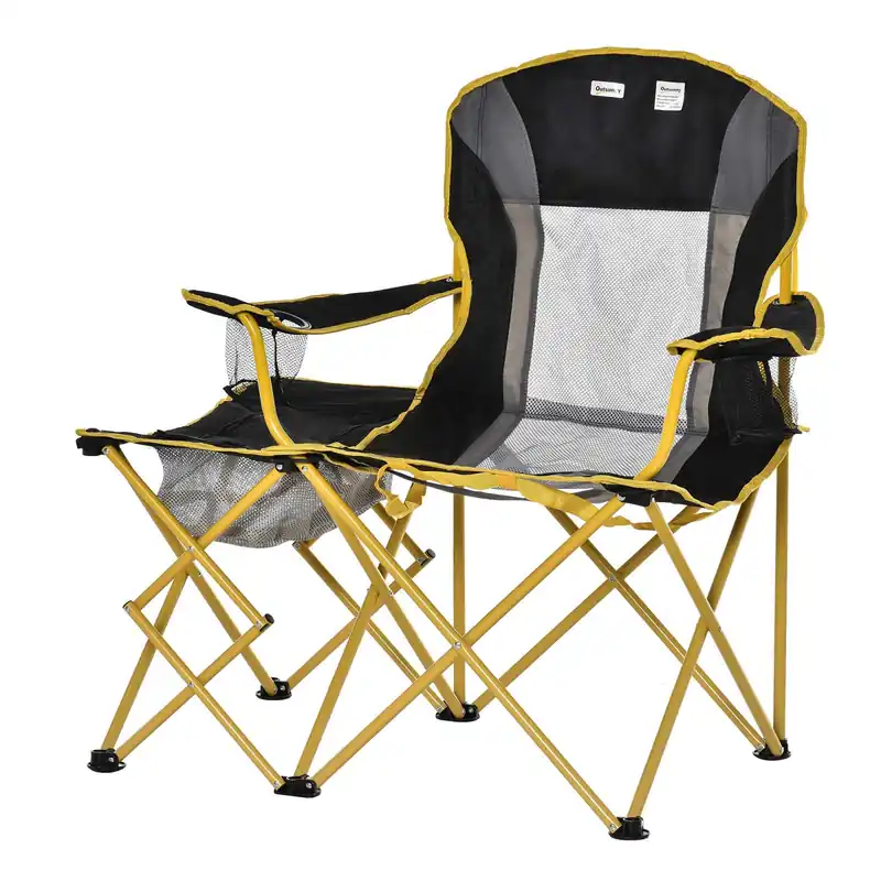 EASYCOMFORT Sedia da Campeggio Pieghevole con Tavolino Integrato e Porta Bicchiere, Metallo e Tessuto, Nero Giallo