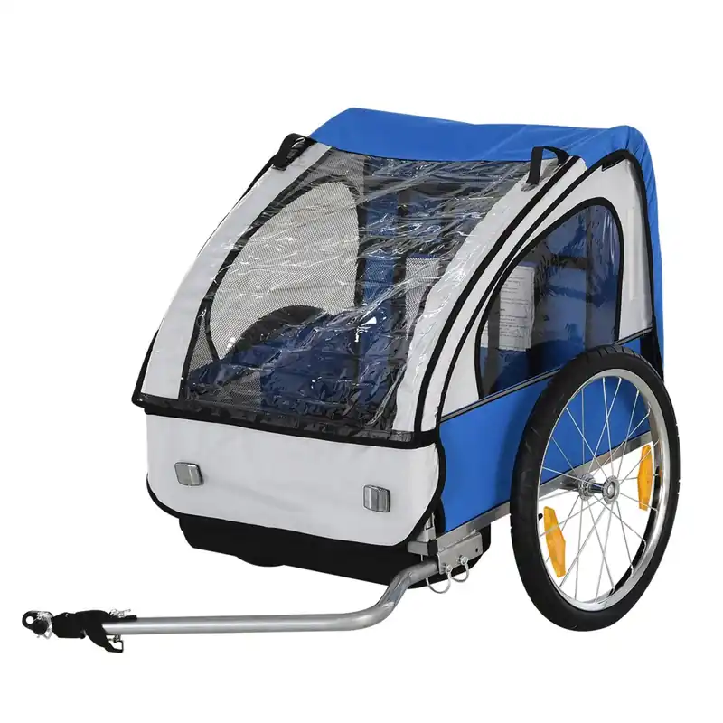 Easycomfort Rimorchio Bici Bambini con 2 Posti, 2 Cinture di Sicurezza, Telaio in Acciaio e Copertura in Tessuto Oxford Blu