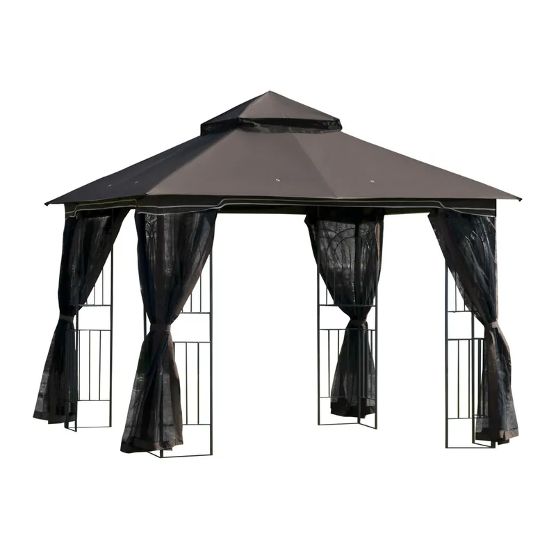 EASYCOMFORT Gazebo da Giardino 3x3m con Zanzariera e Tetto a 2 Livelli, Mensole Laterali e Ganci, Caffè