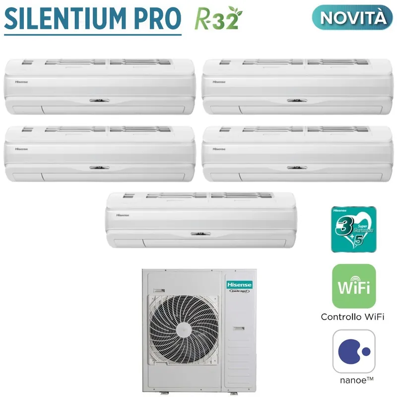 Climatizzatore Condizionatore Hisense Penta Split Inverter Serie SILENTIUM PRO 9+9+9+12+12 con 5AMW125U4RTA R-32 Wi-Fi Integrato 9000+9000+9000+12000+12000 - Novità