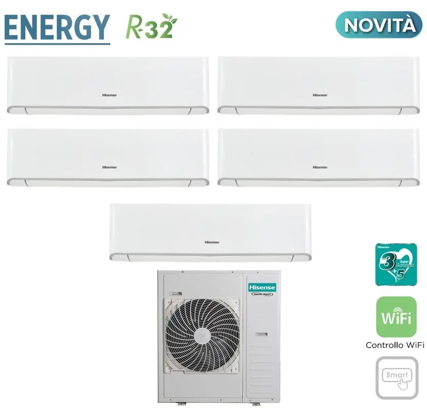 Climatizzatore Condizionatore Hisense Penta Split Inverter serie ENERGY 9+9+9+9+18 con 5AMW125U4RTA R-32 Wi-Fi Integrato 9000+9000+9000+9000+18000 - Novità