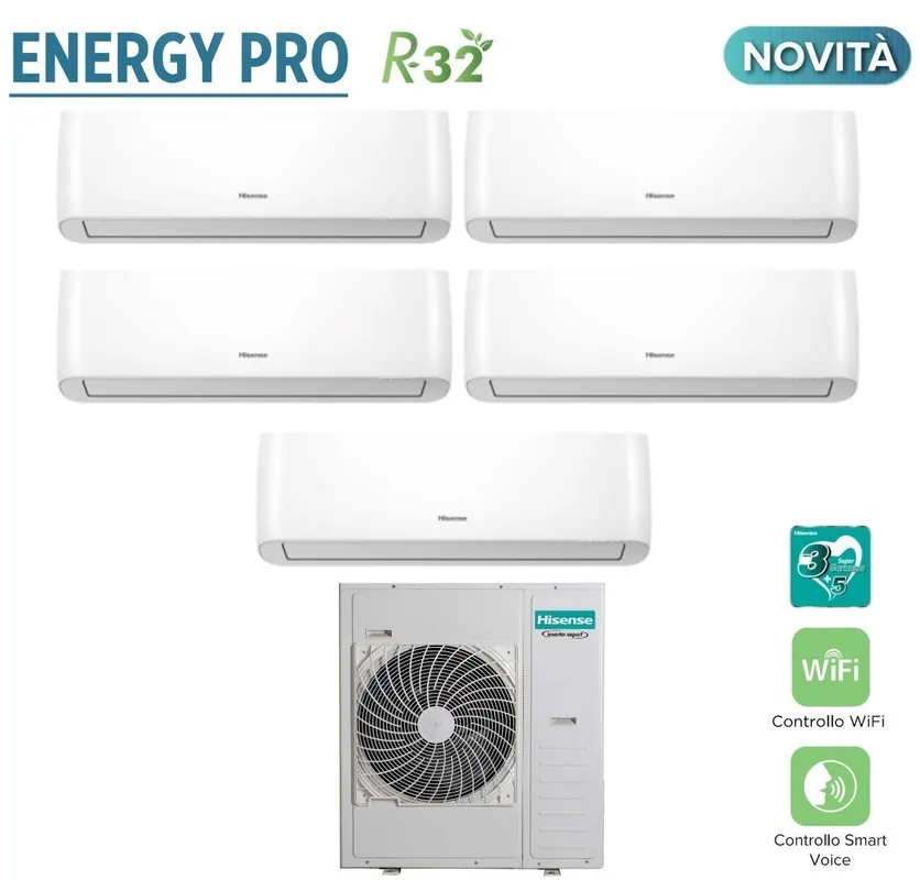 Climatizzatore Condizionatore Hisense Penta Split Inverter serie ENERGY PRO 9+9+12+12+12 con 5AMW125U4RTA R-32 Wi-Fi Integrato 9000+9000+12000+12000+12000 - Novità