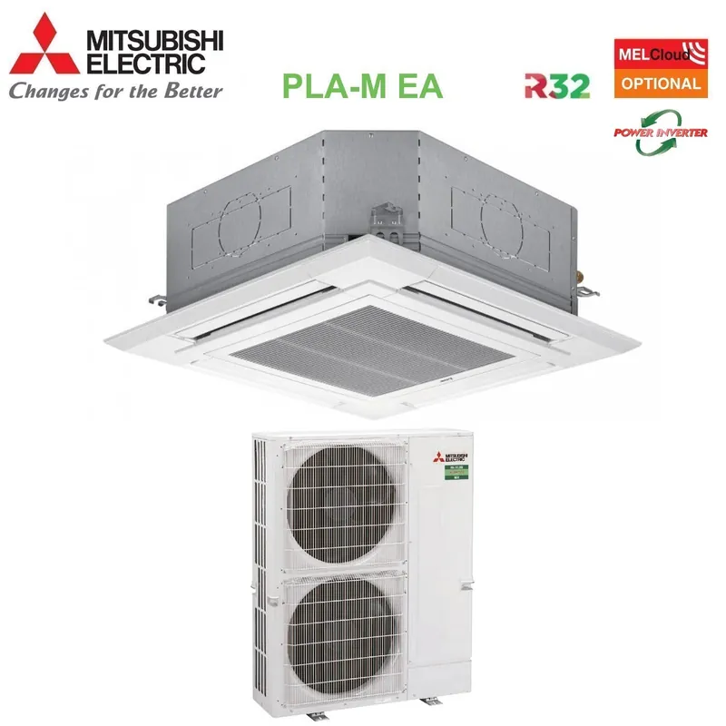 Climatizzatore Condizionatore Mitsubishi Electric Cassetta Power Inverter 90x90 a 4 Vie 48000 Btu PLA-M140EA + PUZ-ZM140YKA Trifase R-32 Wi-Fi Optional con Griglia Inclusa