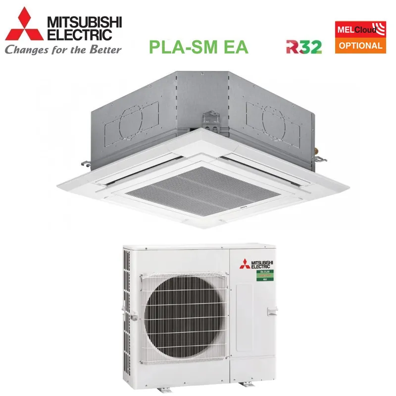 Climatizzatore Condizionatore Mitsubishi Electric Cassetta 90x90 a 4 Vie Inverter 48000 Btu PLA-SM140EA + PUZ-SM140YKA Trifase R-32 Wi-Fi Optional con Griglia Inclusa