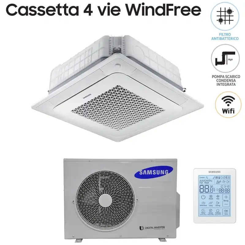 Climatizzatore Condizionatore Samsung Inverter Cassetta a 4 Vie WindFree 24000 btu AC071NN4DKH Monofase Wi-Fi Optional con Telecomando Wireless e Pannello Incluso