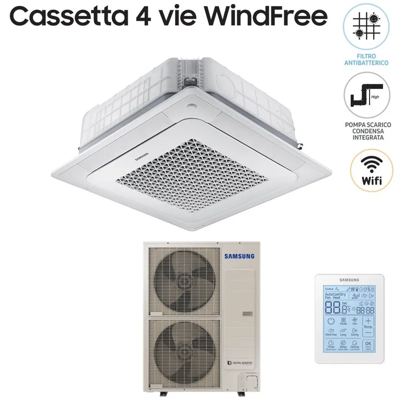 Climatizzatore Condizionatore Samsung Inverter Cassetta 4 Vie WindFree 48000 btu AC140NN4DKH Monofase con Comando Wireless e Pannello Incluso